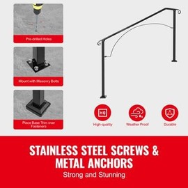 Happybuy 3-4 Steps Wrought Iron Handrail, Arch#3 Outdoor Stair Railing, Adjustable Porch Railing, Black Handrail for Concrete & Wooden Steps