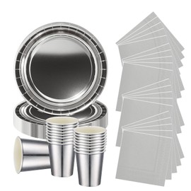 52P Metallic Silver Tableware Set for Her,Girl,Women,Silver Foil Paper Plate Silvers Paper Cup and Napkin,Sparkling Foils Christmas Dinnerware Sets Cutlery for Birthday,Wedding,Baby Shower Tableware