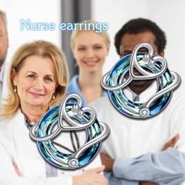 TOUPOP Nurse Earrings Nurse Gifts for Women Stethoscope Earrings Sterling Silver Stethoscope Nurse Stud Earrings with Circle Crystal Birthday Valentines Mothers Day Jewlery Gifts for Women Nursing Doctor Medical Student Graduation (Blue Crystal)