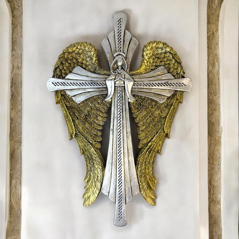 Top Brass Decorative Angel Wing Wall Cross – Gold and