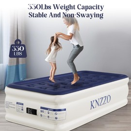 KNZZO Air Mattress Twin with Built-in Pump, Blow Up Mattress with Soft Flocked Top, Leakproof Inflatable Mattress, Foldable Waterproof Air Bed for Home, Guests, Camping, with Storage Bag