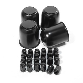 Rheedal 4Pcs Trailer Wheel Center Caps & 24Pcs Wheel Lug Nuts Kit, 3.19in Top Removable Push Through Gloss Black Hub Cap with Matt Black 1/2-20 Lug Nuts, for Truck SUV RV Wheel Rim