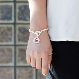 Inspired Silver - Puerto Rico Flag Silver Toggle Bracelets for Women - Circle Charm Bracelet Jewelry Gift with Cubic Zirconia - Women's Charm Bracelet with Sturdy Toggle Clasp