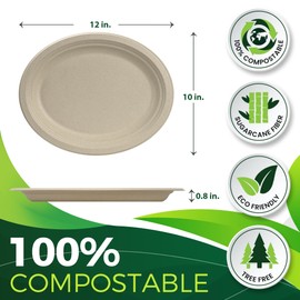 BIRCHIO 100PCS 100% Compostable Original Oval Paper Plates(12in), Heavy Duty Disposable Plates, Eco-Friendly Dinner Plates, Biodegradable Salad, Meal, Dessert Plates, Perfect for Parties, Picnic, BBQ