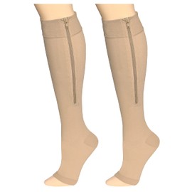 Truform Zipper Compression Stockings, 15-20 mmHg Medical Socks, Women and Men, Knee High, Open Toe, Beige, 3X-Large