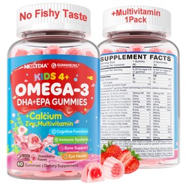 Nextdia Omega 3 (EPA/DHA) Filled Gummies for Kids with Multivitamin, Calcium + D3 + K2 + Zinc, Plus Vitamin A B1 B2 B12 C, Selenium, lodine for Brain, Eye, Bone, Energy, No Fish Taste, Sugar Free