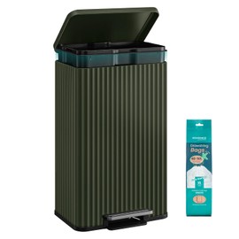 SONGMICS Trash Can, 13 Gallon (50 L) Garbage Can for Kitchen, with Lid, Pedal, and Removable Inner Bucket, Soft Close, Stainless Steel, 15 Trash Bags (Code K) Included, Green ULTB586CZ01