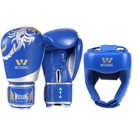 WESING Martial Arts Headgear Gloves Set Boxing Headgear 10oz Boxing Gloves for Men Women Kickboxing Sparring Training (Blue, XX-Large)