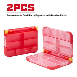 Geinxurn Small Storage Parts Organizer, 2Pcs Red Portable Plastic Box with Dividers, Double-sided Storage 16 Compartment Screwdriver Bit Set Box