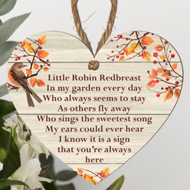 Heart-Shaped Memorial Plaque - "Little Robin Redbreast" - Autumn Garden Design with Sweet Sentiment - A Heartfelt Tribute to Loved Ones - Hanging Wooden Decoration for Indoor Use