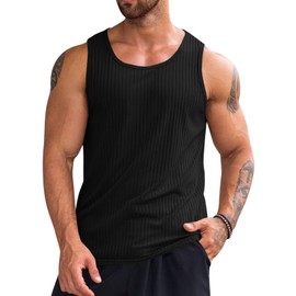 Runcati Men's Ribbed Tank Tops Knit Sleeveless Workout T Shirt Muscle Gym Fitness Tee Black