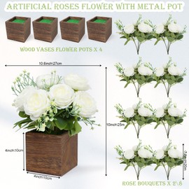 SEMONONIA Dining Table Centerpiece Set of 4 - Artificial Peony Flowers with Wooden Vase - Boho Fake Rose Bouquets Small Faux Silk Floral Arrangement for Wedding Party Bathroom Home Décor, White