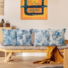 ASDCXZ Cushion Cover Retro Flowers 40 x 40 cm Set of 4 Retro Blue Flower Leaves Sofa Cushion Covers Decorative Cushion Covers Washable Polyester Flax Textile Outdoor Cushion Cover