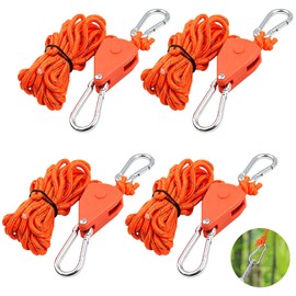 Mritrit 4 Tent Guy Ropes with Pulley, 4m Adjustable Ratchet Ropes With Tensioner, Heavy Duty Guide Rope Ratchet with Quick Release for Camping Sun Sail Awning Grow Light Hangers, Orange
