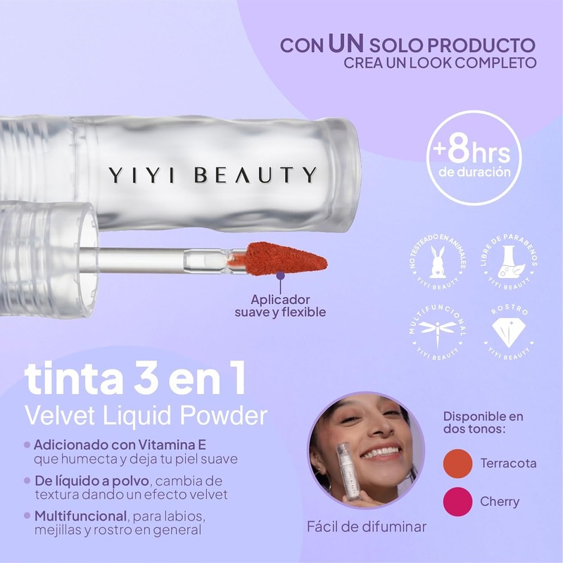 Tinta 3 en 1 Velvet Blush Liquid Powder Cherry, con