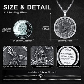 Saint Michael Necklace For Men Women, Sterling Silver St Michael Pendant 1.37inch, Patronus Archangel Michael Pendant Medal Rotatable Catholic Necklace Jewelry