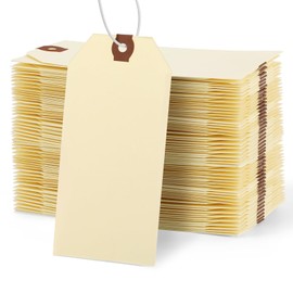 Bonison 100 Pcs Manila Shipping Tags with Strings, 4 3/4" x 2 3/8". Hang Tags Come with Elastic Rubber Bands. Double Layer Reinforced Eyelets. Durable and Reusable