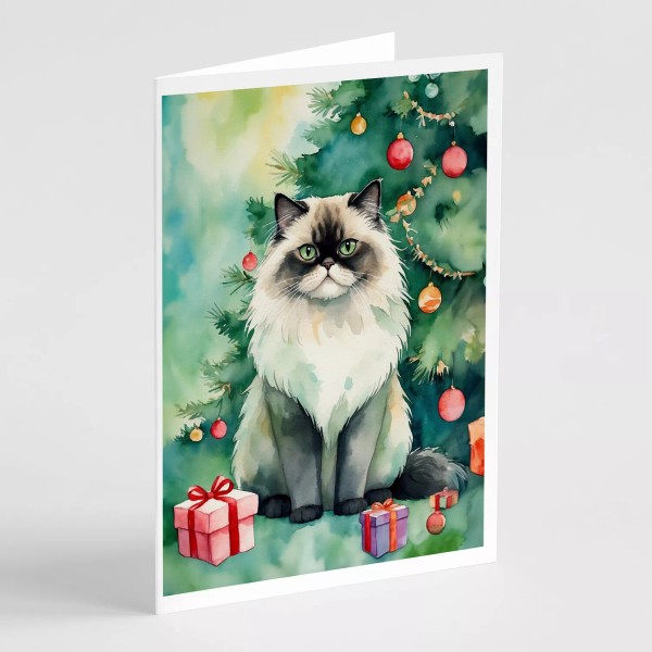 Himalayan Cat By Christmas Tree Cards Envelopes Pack of 8