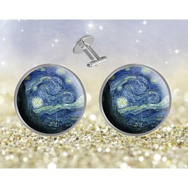 LCTCKP Custom Personality Men's 2PCS Fashion Dazzling Shirt Cuff links Initial Silver Round Wedding Cufflinks (Van Gogh Starry Night-a)