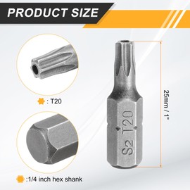 sourcing map 10pcs T20 Torx Screwdriver Bit 1/4" Hex Shank 25mm/1" Length S2 Steel Star 6 Point Head Hex Security Screw Driver Bits with Hole for Impact Electric Screw Driver Power Tools, Grey