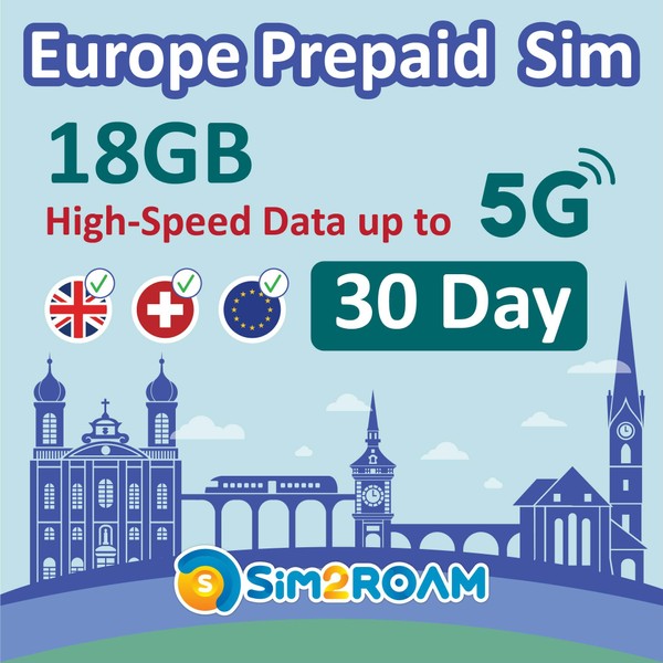 Europe Prepaid SIM Card | 30 Day Use | 18GB