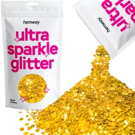 Hemway Premium Ultra Sparkle Glitter Multi Purpose Metallic Flake for Arts Crafts Nails Cosmetics Resin Festival Face Hair - Gold - Super Chunky (1/8" 0.125" 3mm) 100g / 3.5oz