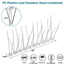 Boenoea Bird Spikes, Bird Devices Outdoor of Stainless Steel for Fence Windowsill Roof, Bird Deterrent Spikes for Small Bird and Squirrels (3.3FT)