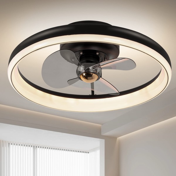 OSGNER Low Profile Ceiling Fan with Lights Remote, Flush Mount Ceiling Fan 3 Color Dimmable LED Ceiling Fan Quiet Motor Reversible 6 Speeds Modern Ceiling Fan with LED Light