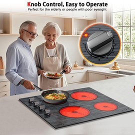 Karinear Electric Cooktop 24 Inch, 4 Burners Electric Stove Knob Control, Built-in Electric Ceramic Cooktop with Beautiful Woodgrain Pattern Glass Surface, 6000W, 220-240v Hard Wired(No Plug)