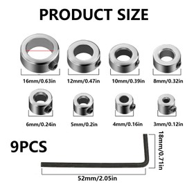 8 PCS Step Drill Bit Depth Stop Collar Ring Positioner Locator, Woodworking Positioning Depth Limiter 3 4 5 6 8 10 12 16mm with Hexagon Wrench Spacing Ring Set for Consistent Drilling (Silver)