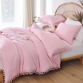 YIRDDEO Queen Comforter Set - Comforter Queen Size Sets with Ball Pom Fringe, Soft Bedding Set for All Seasons - 3 Pieces, 1 Comforter (90"x90") & 2 Pillow Shams (20"x26"), Dust Pink