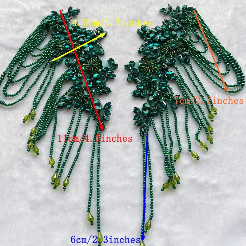Pair Beaded Rhinestones Tassel Applique Embellishment for Clothes,Pure Handsewing Crystal