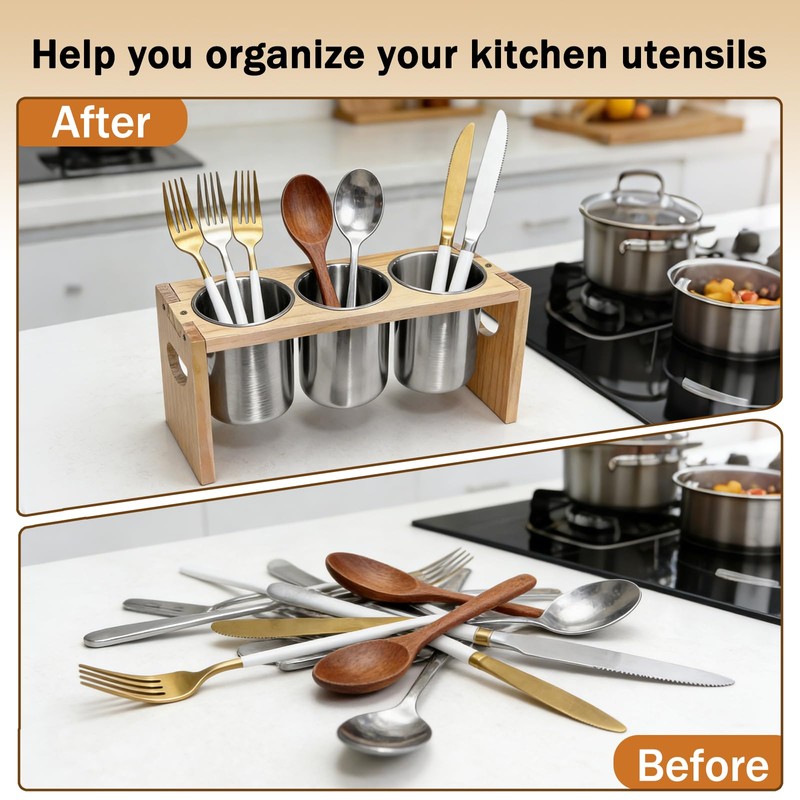 EcoDuck 3 Pack Utensil Holder, Stainless Steel Organizer with Wood