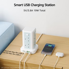 toomke 3M Tower Extension Lead with USB, Toomke 8 Way Multi Plug Extension Tower with 6 USB (3 USB C & 3 USB A), Overload Protection Extension Cord with Independent Switches, UK Plug Socket Tower Power Strip