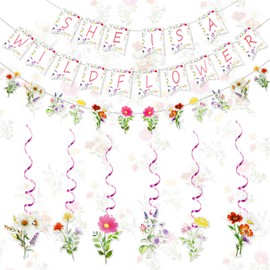 34 PCS Flower Birthday Decorations She Is A Wildflower Birthday Party Banner Garland Hanging Swirls Decor Wildflower Decoration for Women Party Supplies