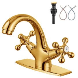 Aolemi Bathroom Sink Faucet Single Hole Cold and Hot Double Handle Cross Knobs Vanity Vessel Sink Basin Mixer Tap with Deck Cover Plate with Pop Up Drain Polish Gold