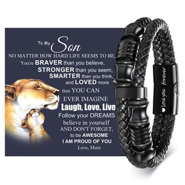 XUANPAI Mens Leather Bracelet To My Son Bracelet - Son Gifts from Mum Braided Leather Bracelet Lettering Love You Forever Gifts for Son Jewellery Presents for Christmas Birthday Gifts (Black, 21)