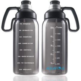 AQUAFIOLE Water Bottle with Scale for 1 Day in French - Water Bottle 2 L Motivation - Tritan BPA Free Water Bottle - Sports Water Bottle 2 L - Drinking Bottle Straw - Water Bottle for Camping