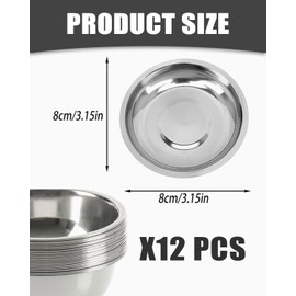 QLEUIFT 12 x Mini Dip Bowls, Sauce Bowls, Dipping Bowls, Stainless Steel Plates, Mini Snack Plates, Stainless Steel Bowls, Small Metal Bowls are Rust-Proof Sushi Bowl for All Types of Spices, 8 cm