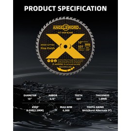 ANGELSWORD 10 Inch Table Saw Blade/Miter Saw Blade for Fine Finish Wood Cutting, 50T, BA5 Upgraded Tooth Profile