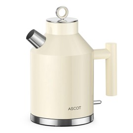 ASCOT Electric Kettle, 1.5L Stainless Steel Interior, Plastic-Free, 1500W Fast Boil, Retro Design, Auto Shut-Off & Boil-Dry Protection, Cream