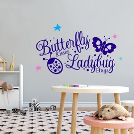 HUGS & KISSES - Adhesive Kids Bedroom Butterfly & Lady Bug Insects Decoration Kisses & Hugs Lettering Art Design Removable Vinyl Home Wall Decal Sticker 10" x 6"