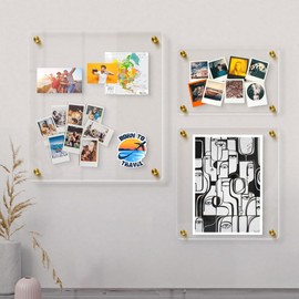 Fab Glass and Mirror Floating Acrylic Picture Frame 12x10,Wall Mount Photo Frame Double Panel Fits Art up to 5x7 inches - Gold