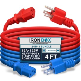 IronBox Electric 2-in-1 Bundle Heavy-Duty 5-15P to C13 Power Cord - 3 Prong 15A 125V 14/3 SJT PC Cable - Cord for Computer, Monitor, Amplifier - Cable for Power Supply (4 Ft, Red & Blue)