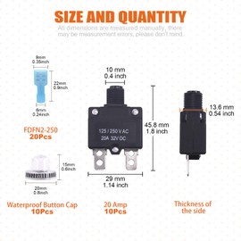 Rustark 20 Amp DC Circuit Breakers Reset with Quick Connect Terminals and Waterproof Button Cover, 32VDC, AC125-250V Push Button Manual Reset Overload Protector Switch for Automotive Marine