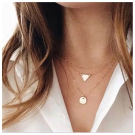 Allereya Vintage Layered Coin Disc Choker Necklace Tiny Triangle Pendant Necklace Gold Geometric Coin Necklace Punk Satellite Chain Necklace Jewellery for Women and Girls