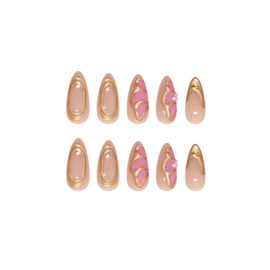 SINHOT Medium Press on Nails Almond 3D Gold Chrome Fake Nails Glossy Glue on Nails Butterfly Acrylic Nails Stiletto Artificial Nails French Tip Stick on False Nails with Design 24 pcs