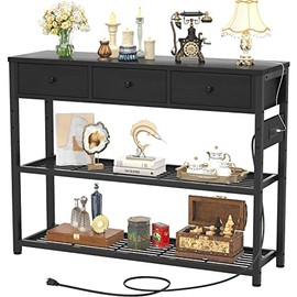 Ecopriso 47'' Entryway Table with Outlets and USB Ports, Console Table with 3 Drawers, Sofa Table Narrow Long with Storage Shelves for Living Room, Couch, Hallway, Foyer, Kitchen Counter, Black