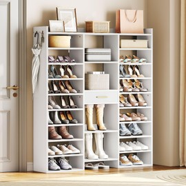 HOOBRO 10 Tier Shoe Rack Tall, 47" Large Wooden Shoe Rack Organizer, 61" Tall Shoe Shelf with Cubbies and Fabric Drawer, for 25-33 Pairs of Shoes, Entryway Shoe Organizer, for Closet, White WT10SC01