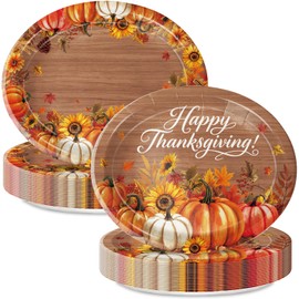 QIYANPAX Thanksgiving Paper Plates 30 PCS Large 9" x 11" Watercolor Pumpkin Woodgrain Disposable Oval Plates for Thanksgiving Autumn Harvest Table Decor